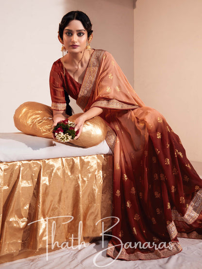 Brown and Copper Two Tone Heavy Georgette Fabric with Heavy Border