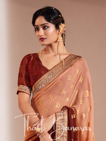 Brown and Copper Two Tone Heavy Georgette Fabric with Heavy Border