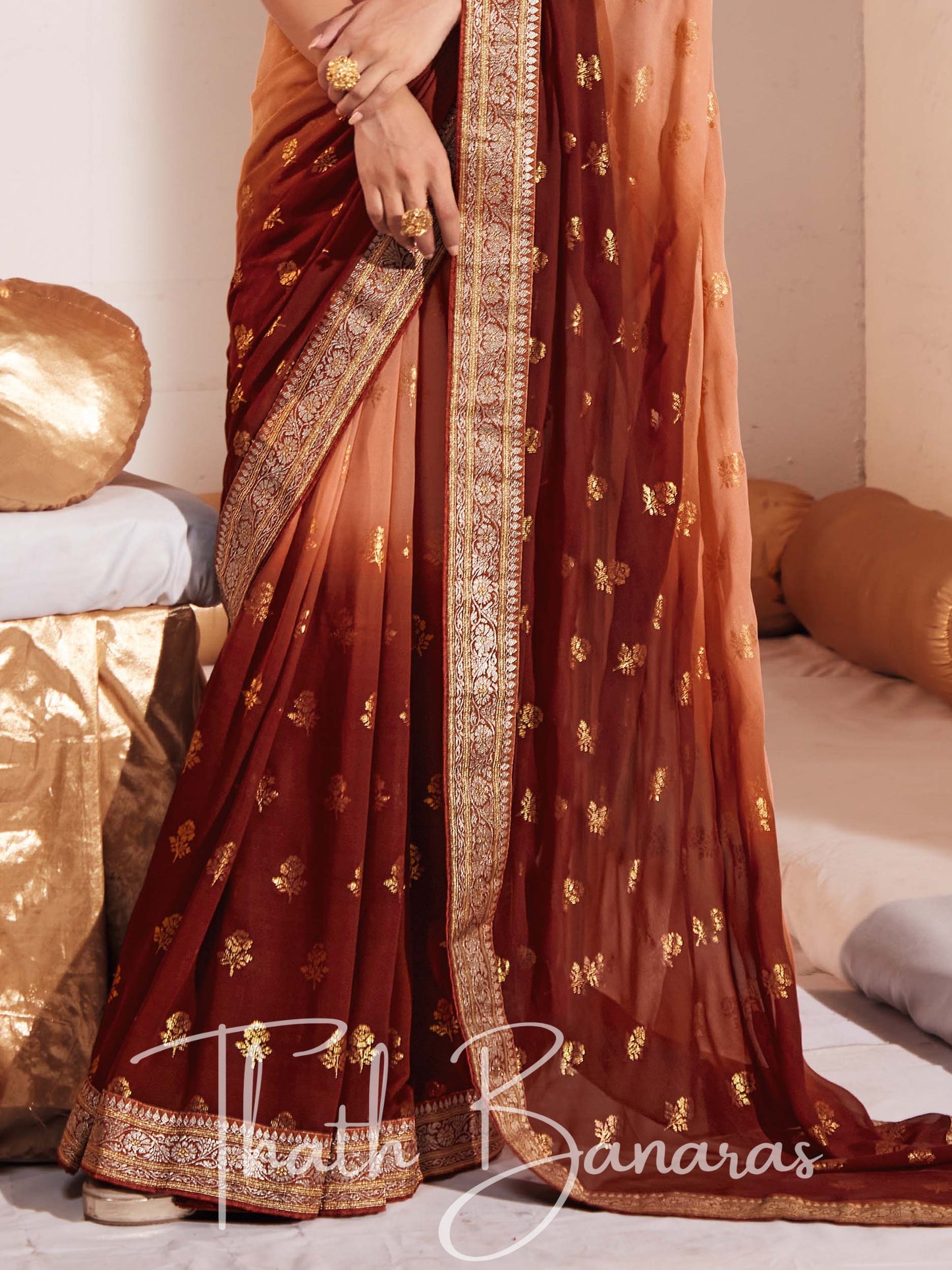 Brown and Copper Two Tone Heavy Georgette Fabric with Heavy Border