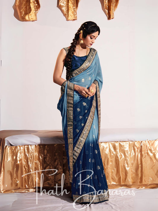 Navy Blue and Sea Blue Two Tone Heavy Georgette Fabric with Heavy Border