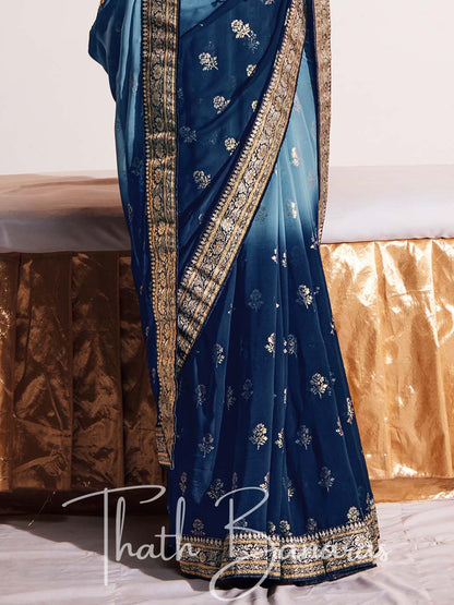 Navy Blue and Sea Blue Two Tone Heavy Georgette Fabric with Heavy Border