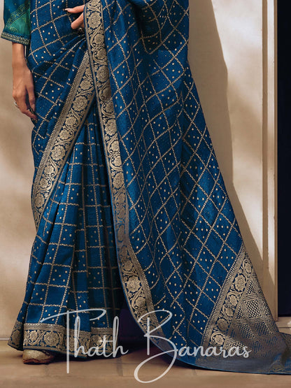 Cornflower Blue Viscose Woven Saree With Digitally Printed Viscosey Blouse