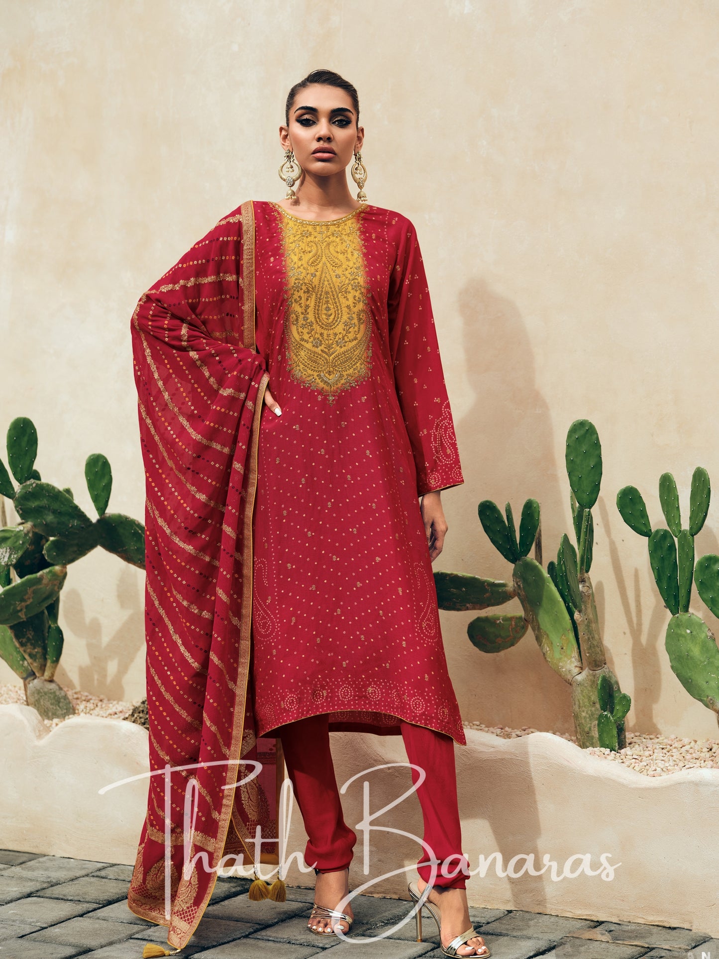 Red Viscose Woven Rhapsody Salwar Suit with Meenakari Dupatta