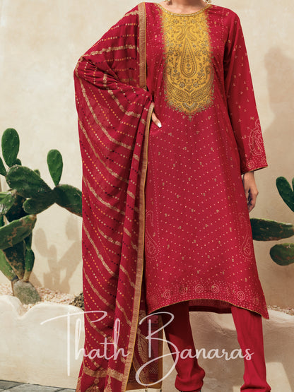 Red Viscose Woven Rhapsody Salwar Suit with Meenakari Dupatta