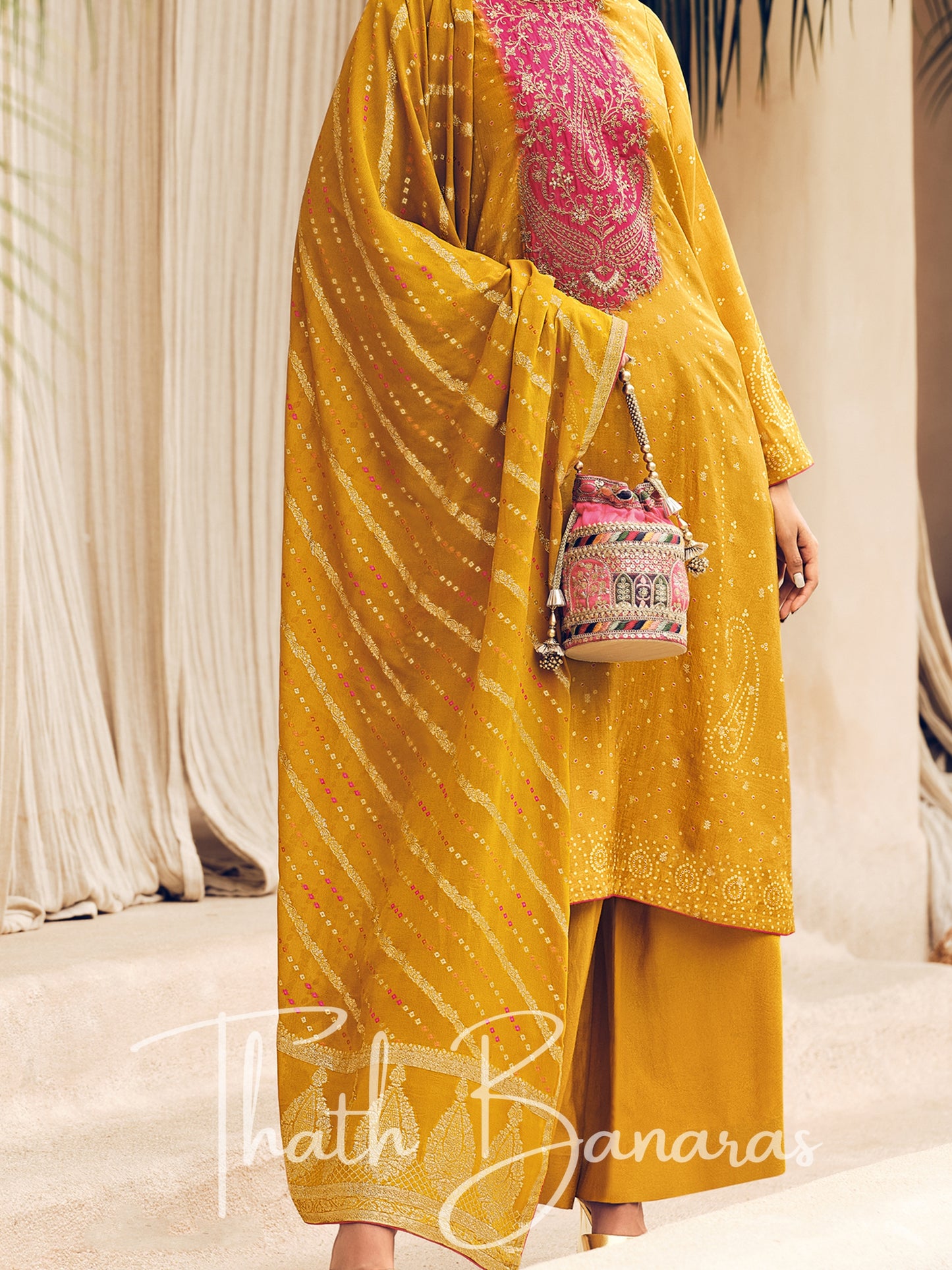 Mustard Yellow Viscose Woven Rhapsody Salwar Suit with Meenakari Dupatta