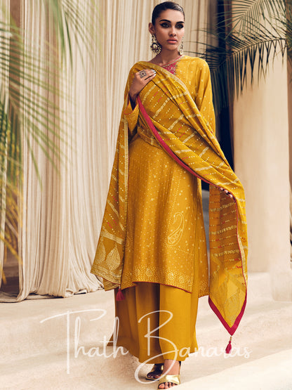 Mustard Yellow Viscose Woven Rhapsody Salwar Suit with Meenakari Dupatta