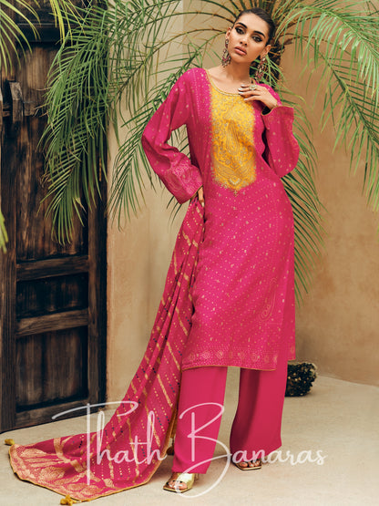 Dark Pink Viscose Woven Rhapsody Salwar Suit with Meenakari Dupatta