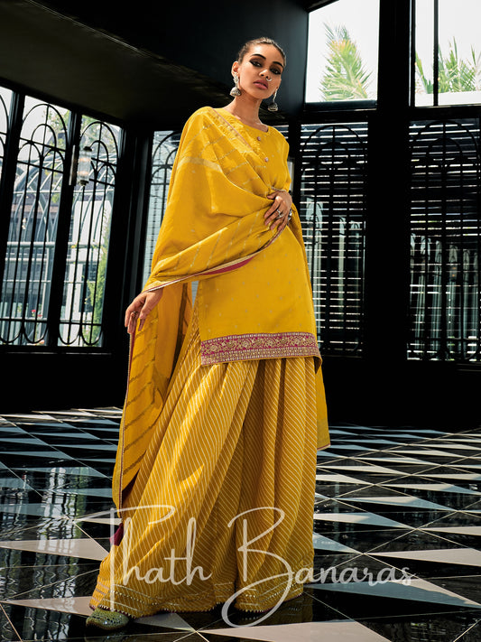 Mustard Yellow Silk Embroidered Opulence Salwar Suit with Bandhani Printed Viscose Muslin & Laced Viscose Dupatta