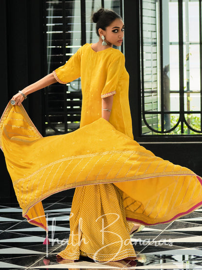 Mustard Yellow Silk Embroidered Opulence Salwar Suit with Bandhani Printed Viscose Muslin & Laced Viscose Dupatta