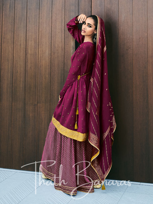 Wine Maroon Color Silk Embroidered Opulence Salwar Suit with Bandhani Printed Viscose Muslin & Laced Viscose Dupatta