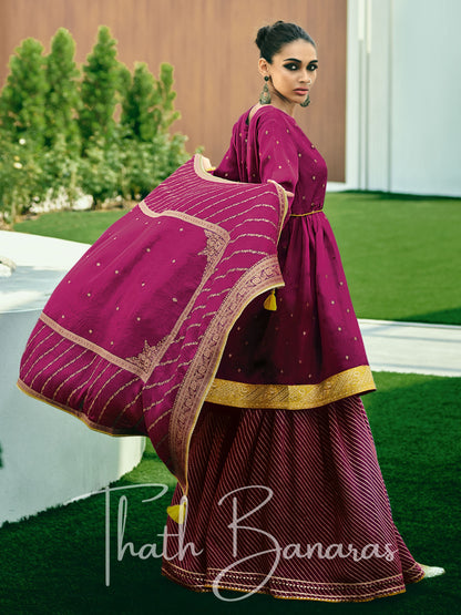 Wine Maroon Color Silk Embroidered Opulence Salwar Suit with Bandhani Printed Viscose Muslin & Laced Viscose Dupatta