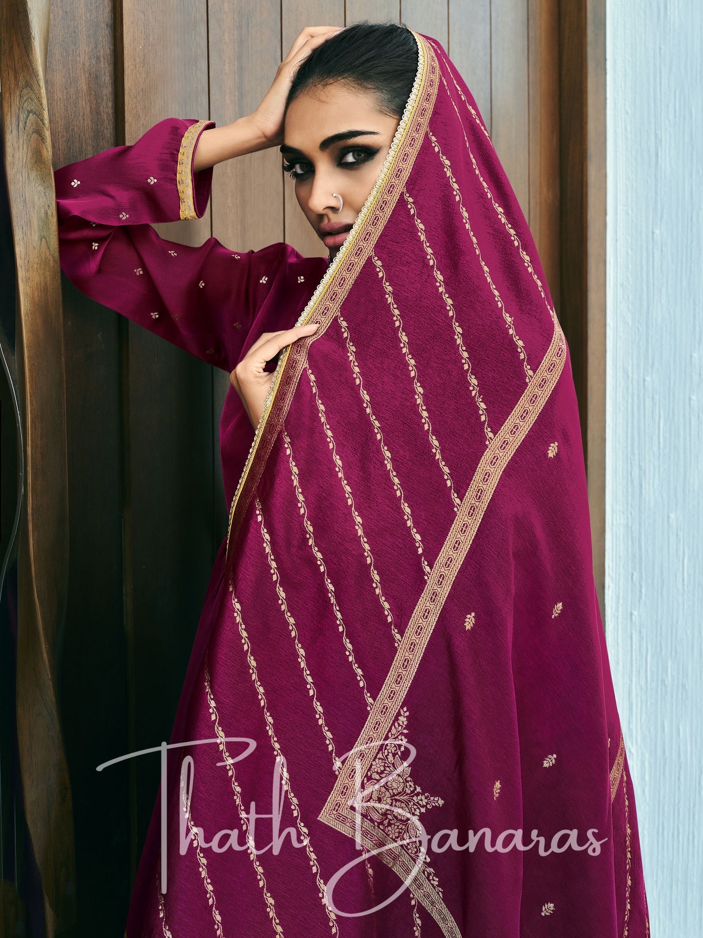 Wine Maroon Color Silk Embroidered Opulence Salwar Suit with Bandhani Printed Viscose Muslin & Laced Viscose Dupatta