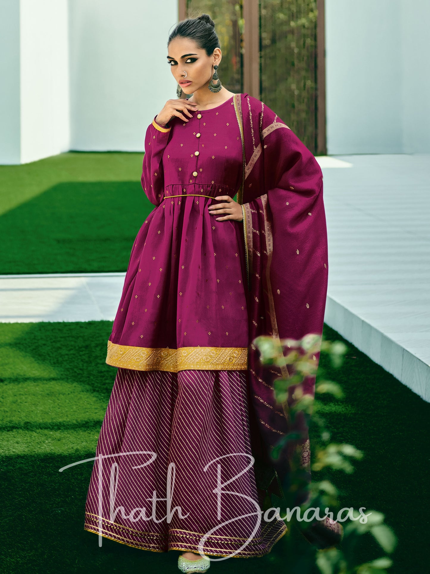 Wine Maroon Color Silk Embroidered Opulence Salwar Suit with Bandhani Printed Viscose Muslin & Laced Viscose Dupatta