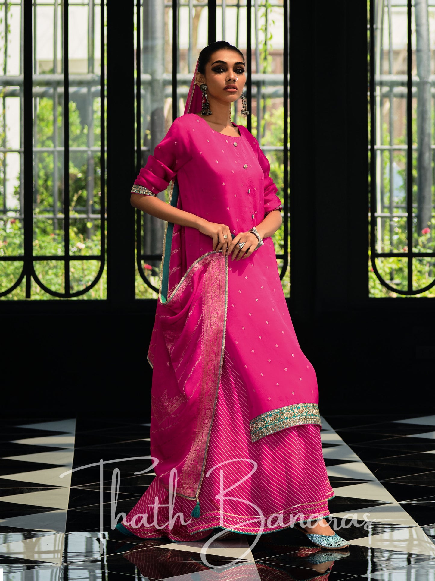 Stawberry Pink Silk Embroidered Opulence Salwar Suit with Bandhani Printed Viscose Muslin & Laced Viscose Dupatta