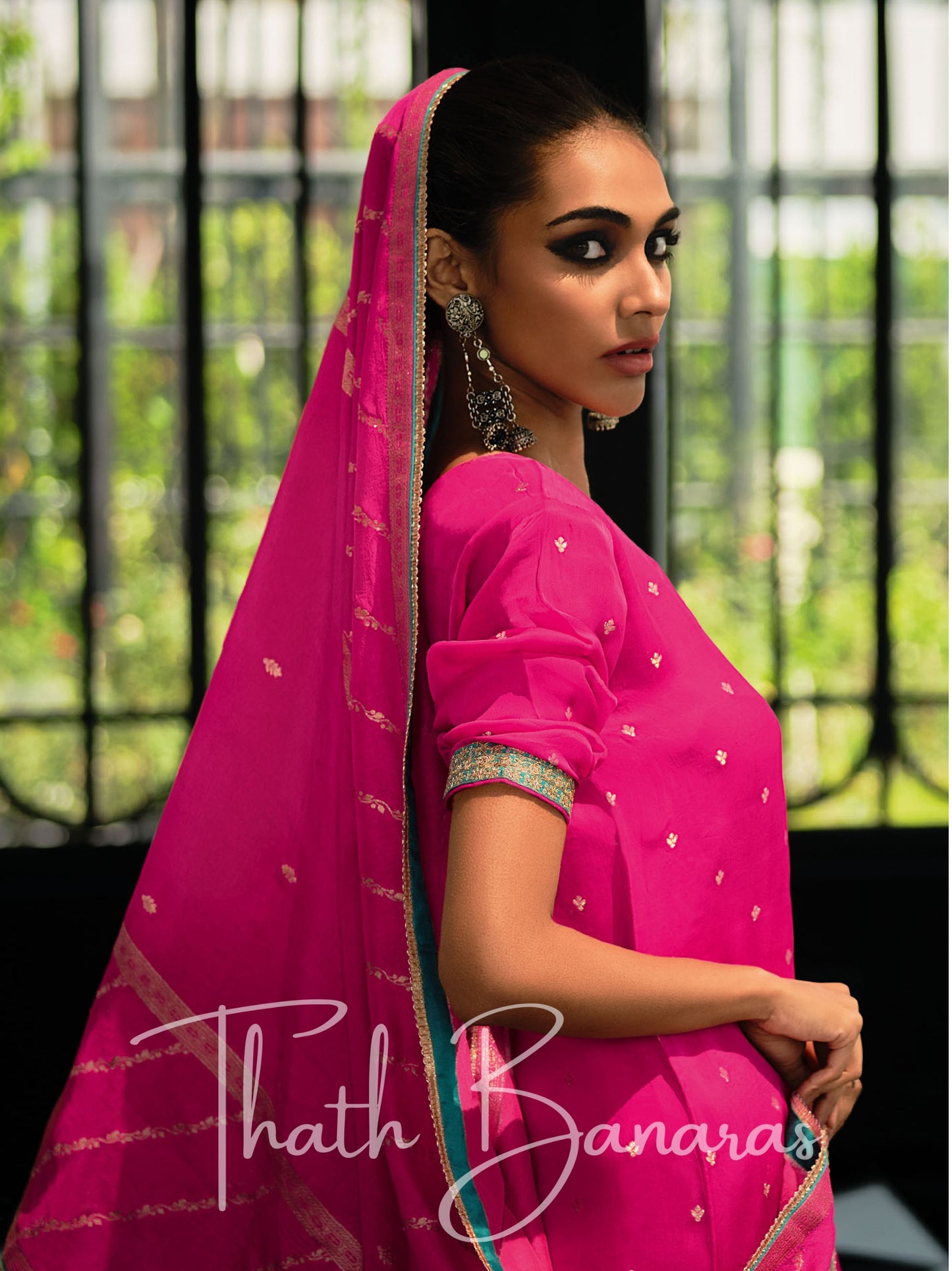 Stawberry Pink Silk Embroidered Opulence Salwar Suit with Bandhani Printed Viscose Muslin & Laced Viscose Dupatta