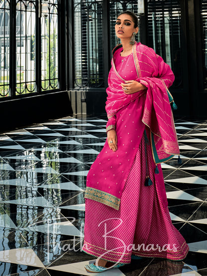 Stawberry Pink Silk Embroidered Opulence Salwar Suit with Bandhani Printed Viscose Muslin & Laced Viscose Dupatta