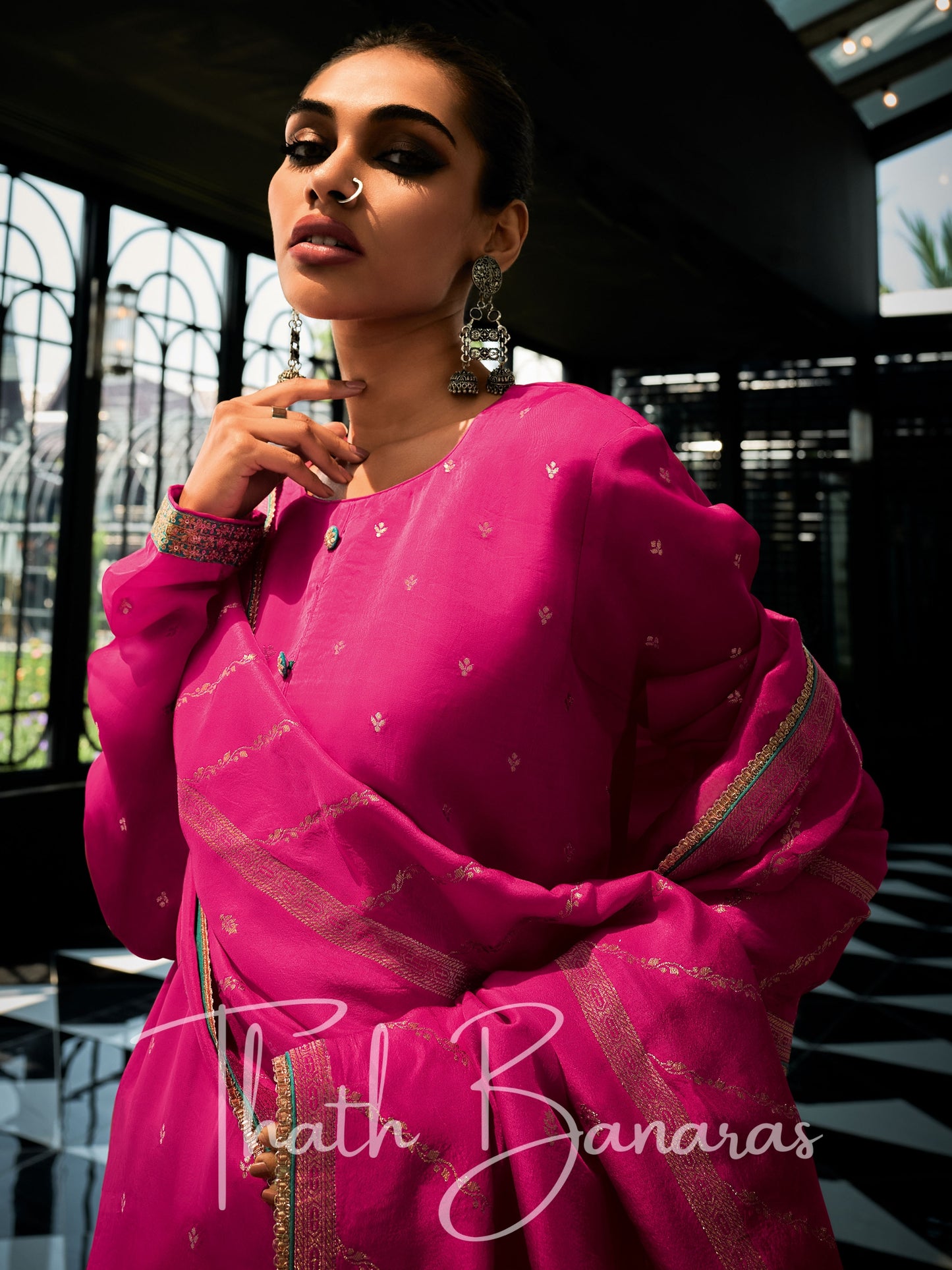 Stawberry Pink Silk Embroidered Opulence Salwar Suit with Bandhani Printed Viscose Muslin & Laced Viscose Dupatta