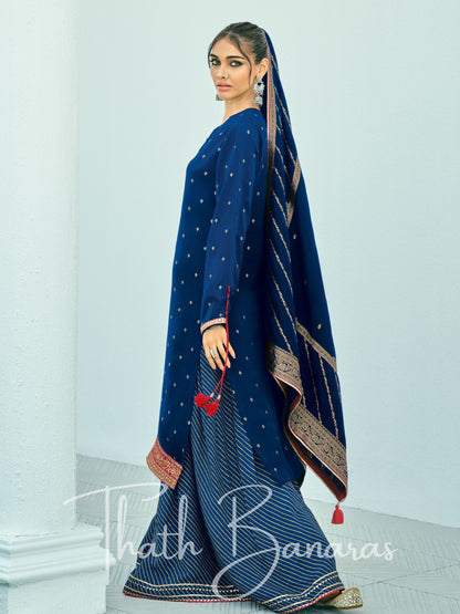 Dark Blue Silk Embroidered Opulence Salwar Suit with Bandhani Printed Viscose Muslin & Laced Viscose Dupatta