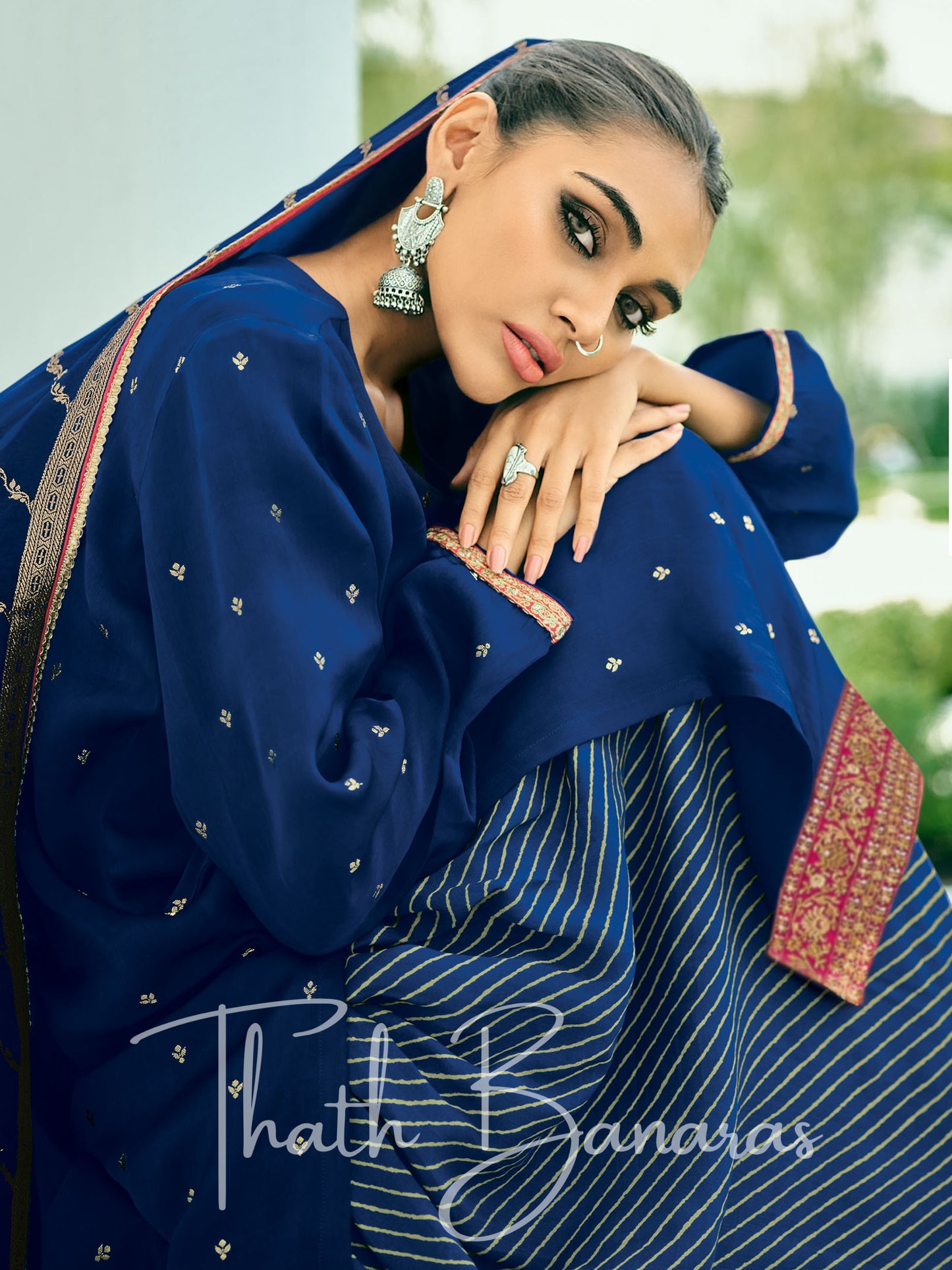 Dark Blue Silk Embroidered Opulence Salwar Suit with Bandhani Printed Viscose Muslin & Laced Viscose Dupatta