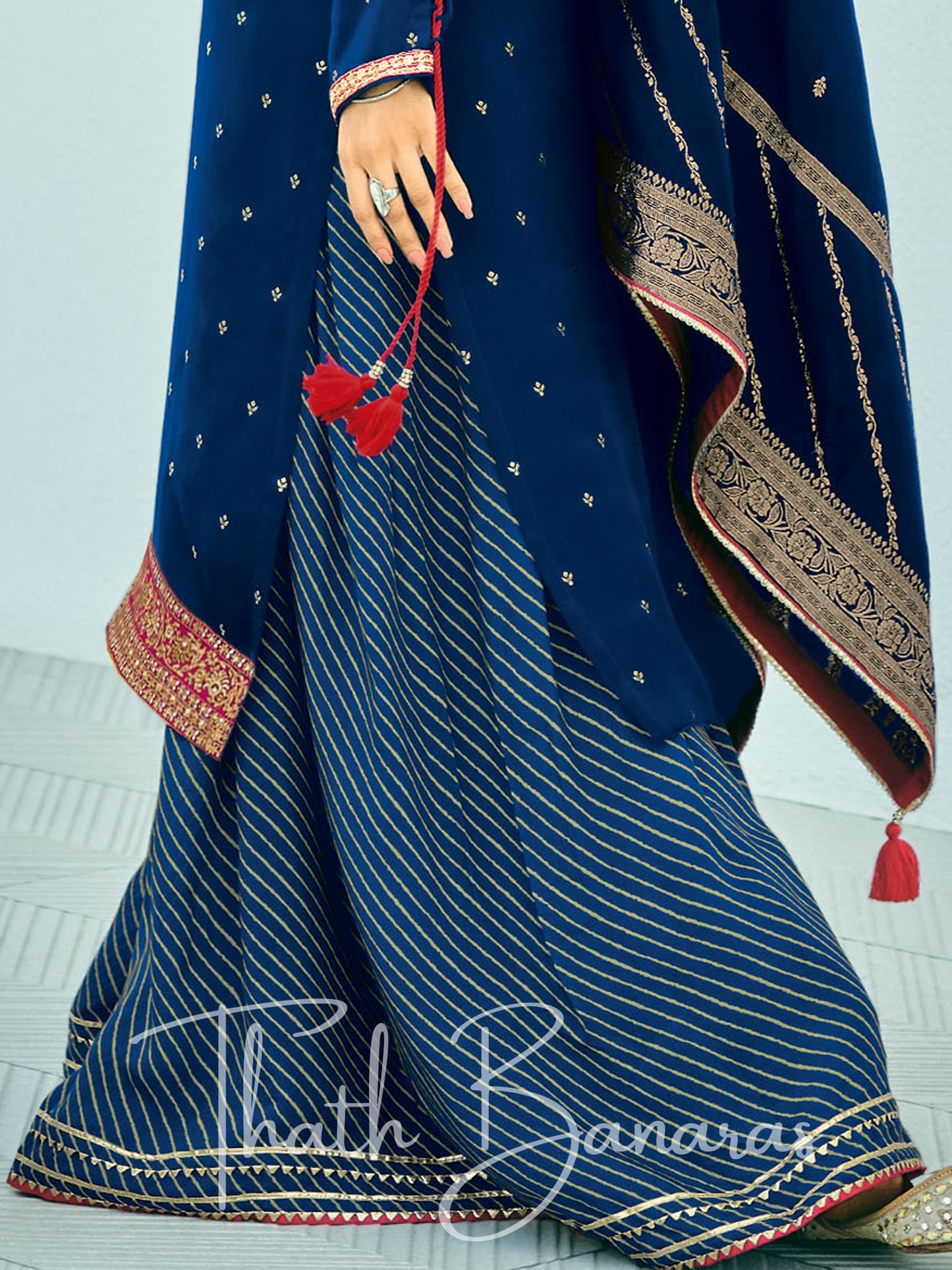 Dark Blue Silk Embroidered Opulence Salwar Suit with Bandhani Printed Viscose Muslin & Laced Viscose Dupatta