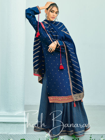 Dark Blue Silk Embroidered Opulence Salwar Suit with Bandhani Printed Viscose Muslin & Laced Viscose Dupatta