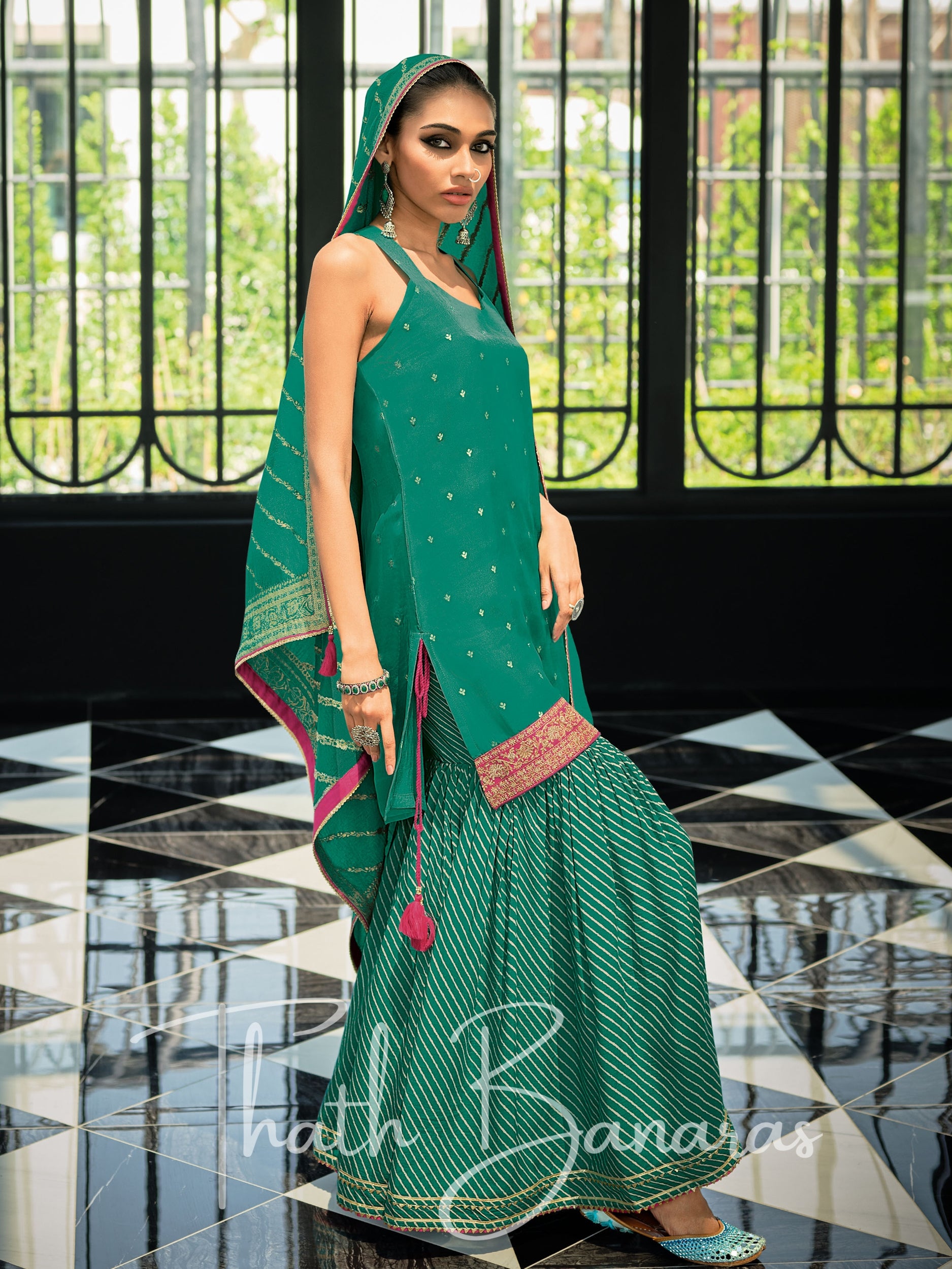 Green Silk Embroidered Opulence Salwar Suit with Bandhani Printed