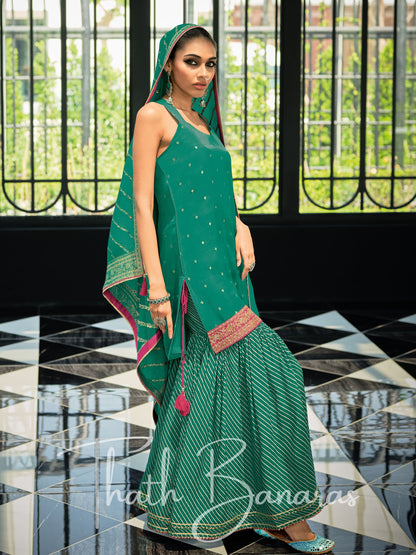 Green Silk Embroidered Opulence Salwar Suit with Bandhani Printed Viscose Muslin & Laced Viscose Dupatta