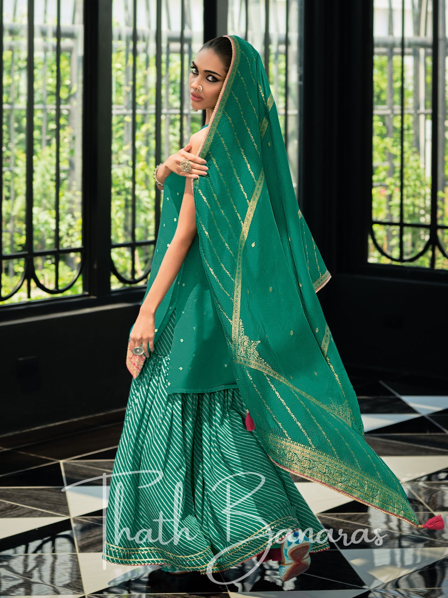 Green Silk Embroidered Opulence Salwar Suit with Bandhani Printed Viscose Muslin & Laced Viscose Dupatta