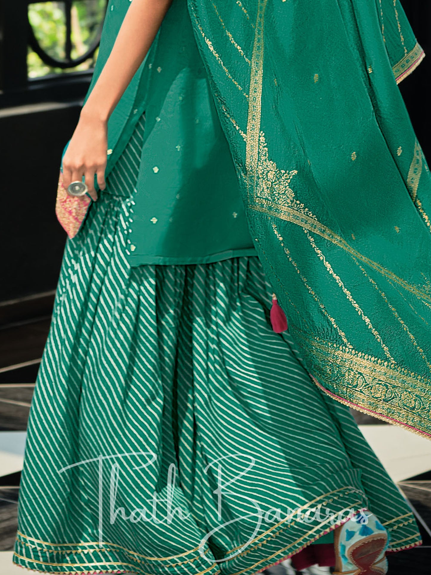 Green Silk Embroidered Opulence Salwar Suit with Bandhani Printed Viscose Muslin & Laced Viscose Dupatta