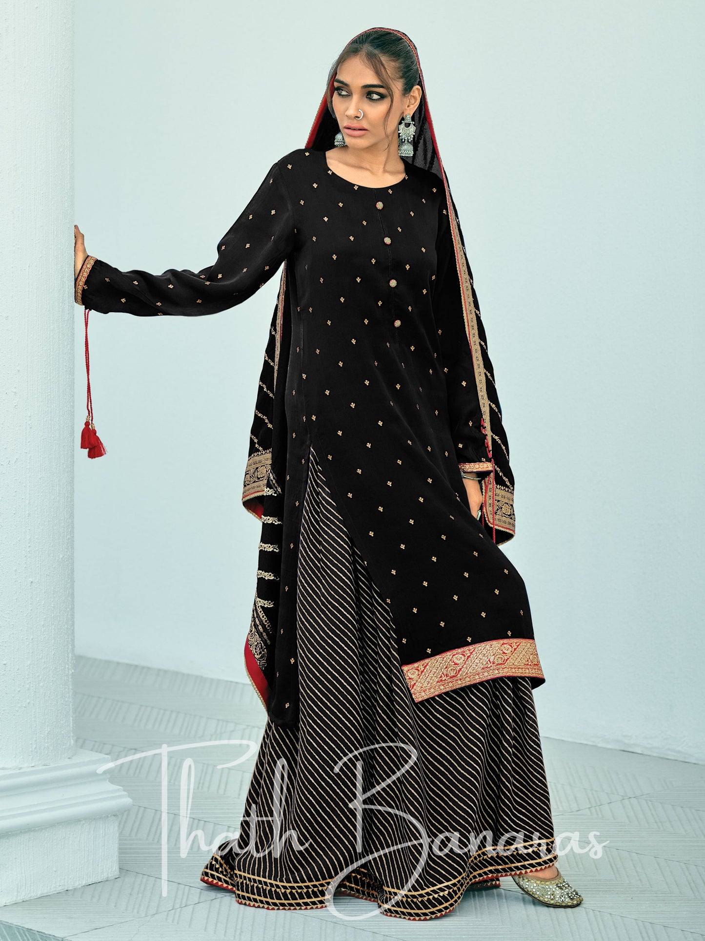 Fashor Black Silk Embroidered Opulence Salwar Suit with Bandhani Printed Viscose Muslin & Laced Viscose Dupatta