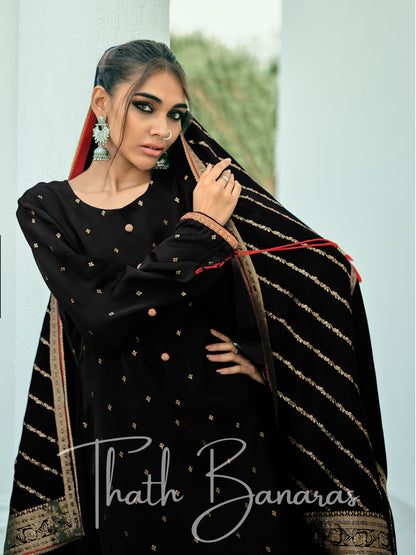 Fashor Black Silk Embroidered Opulence Salwar Suit with Bandhani Printed Viscose Muslin & Laced Viscose Dupatta