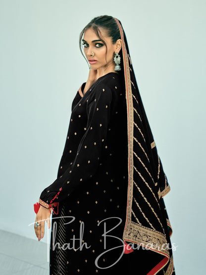 Fashor Black Silk Embroidered Opulence Salwar Suit with Bandhani Printed Viscose Muslin & Laced Viscose Dupatta