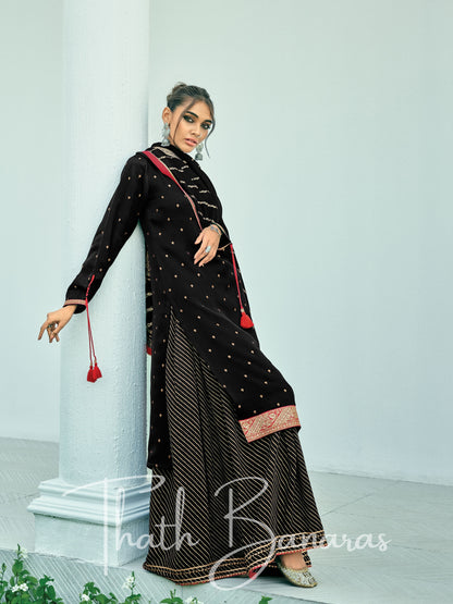 Fashor Black Silk Embroidered Opulence Salwar Suit with Bandhani Printed Viscose Muslin & Laced Viscose Dupatta