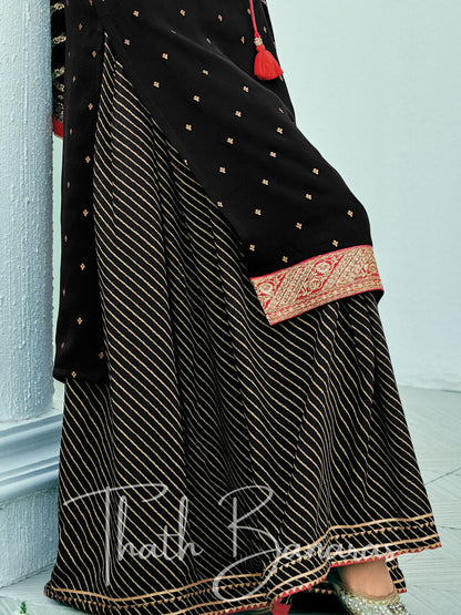 Fashor Black Silk Embroidered Opulence Salwar Suit with Bandhani Printed Viscose Muslin & Laced Viscose Dupatta