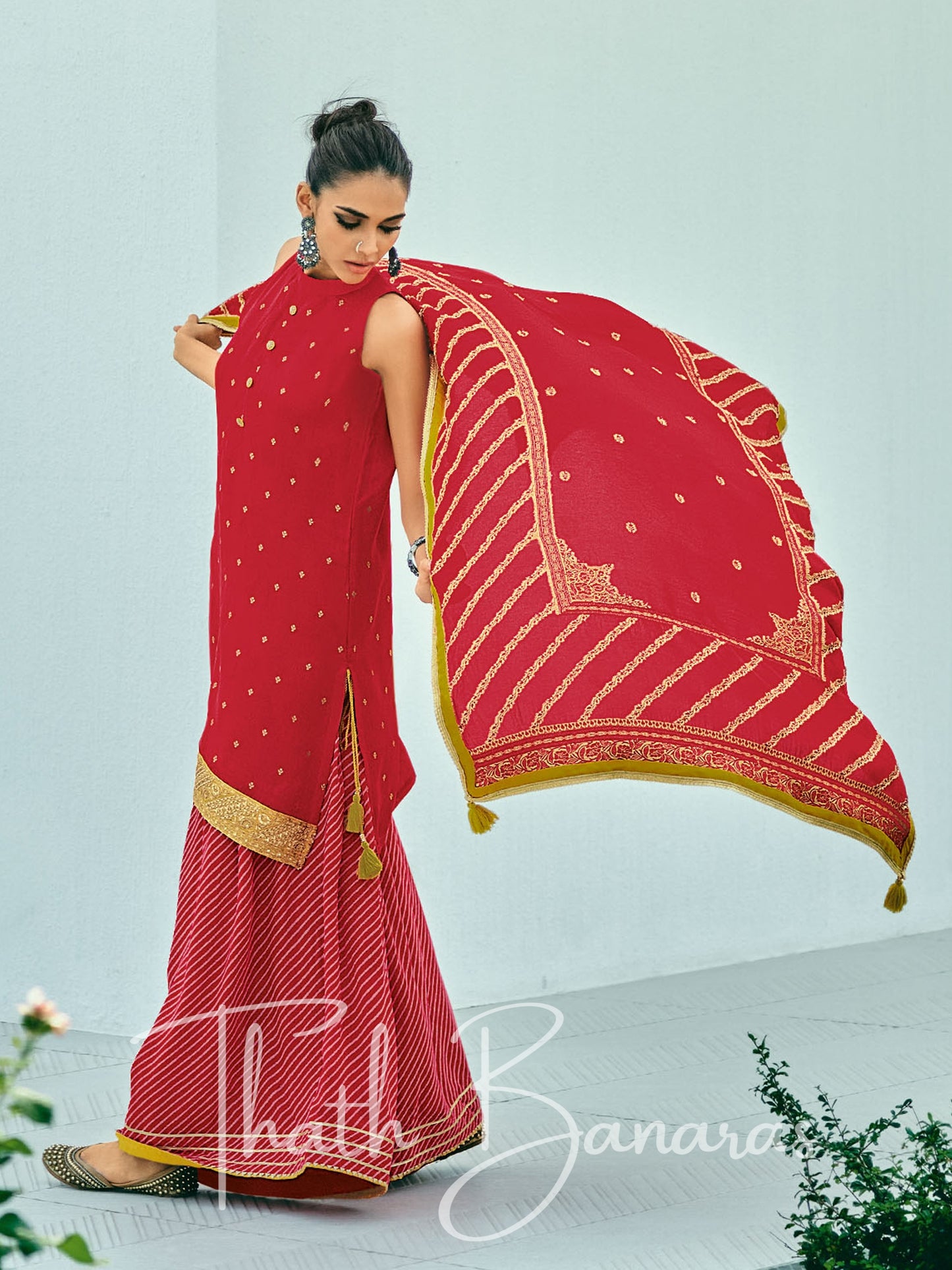 Red Silk Embroidered Opulence Salwar Suit with Bandhani Printed Viscose Muslin & Laced Viscose Dupatta