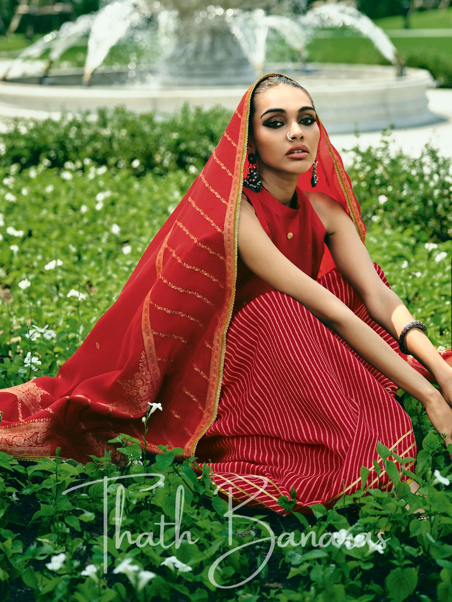 Red Silk Embroidered Opulence Salwar Suit with Bandhani Printed Viscose Muslin & Laced Viscose Dupatta