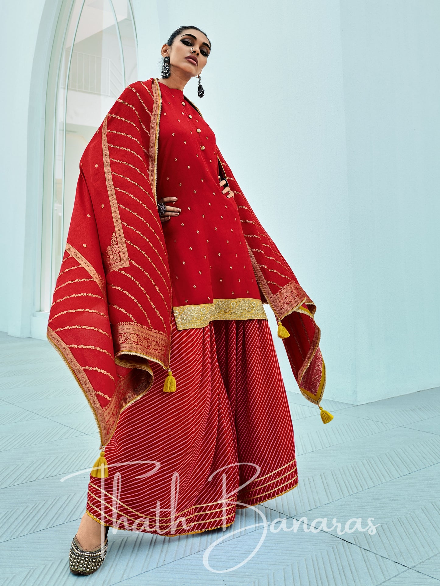 Red Silk Embroidered Opulence Salwar Suit with Bandhani Printed Viscose Muslin & Laced Viscose Dupatta