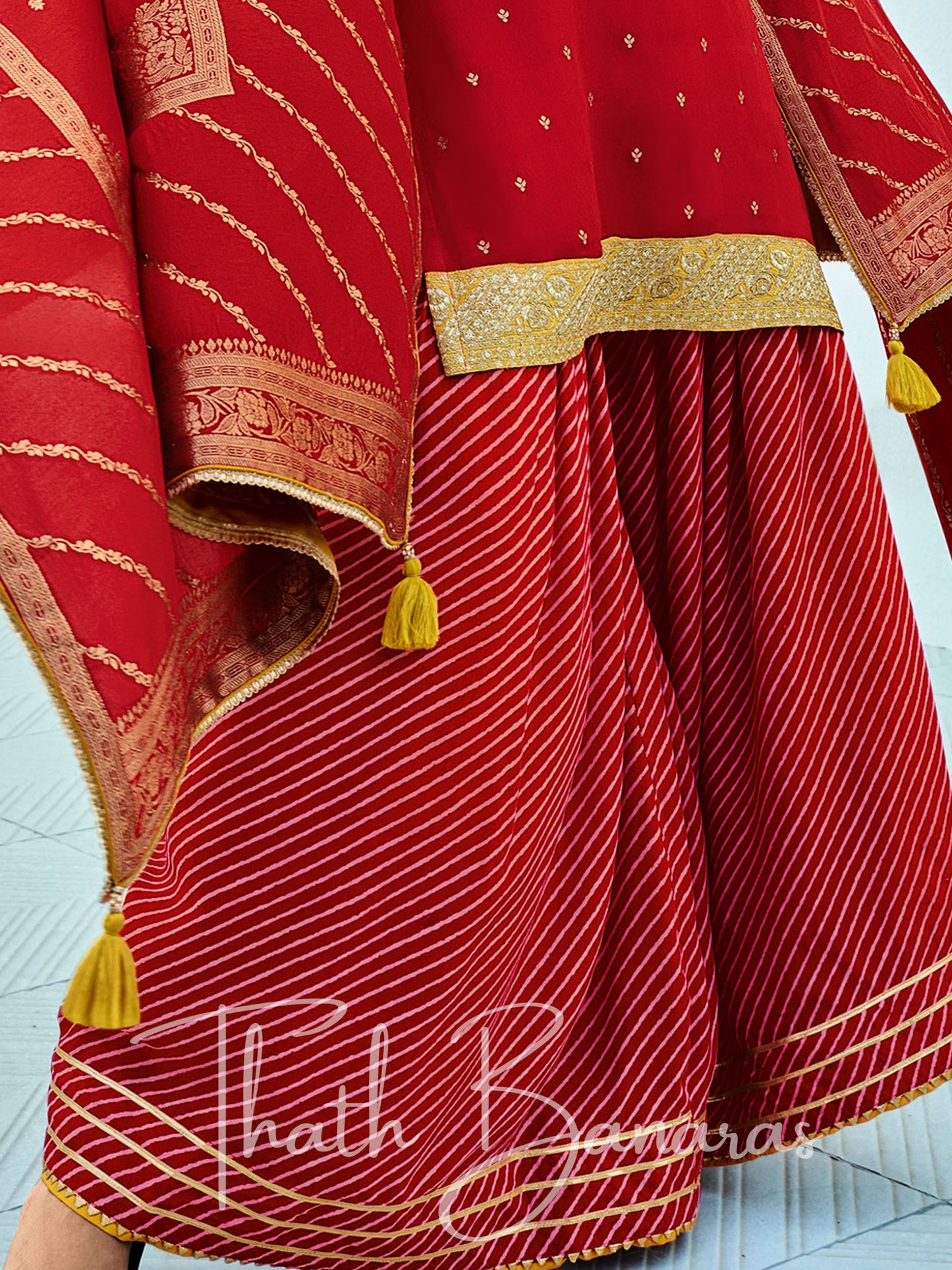 Red Silk Embroidered Opulence Salwar Suit with Bandhani Printed Viscose Muslin & Laced Viscose Dupatta