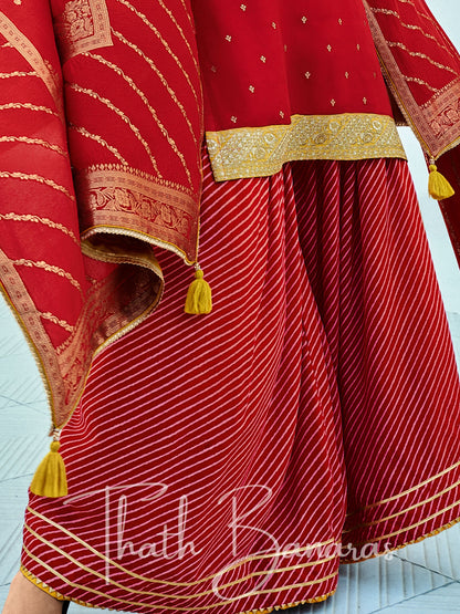 Red Silk Embroidered Opulence Salwar Suit with Bandhani Printed Viscose Muslin & Laced Viscose Dupatta