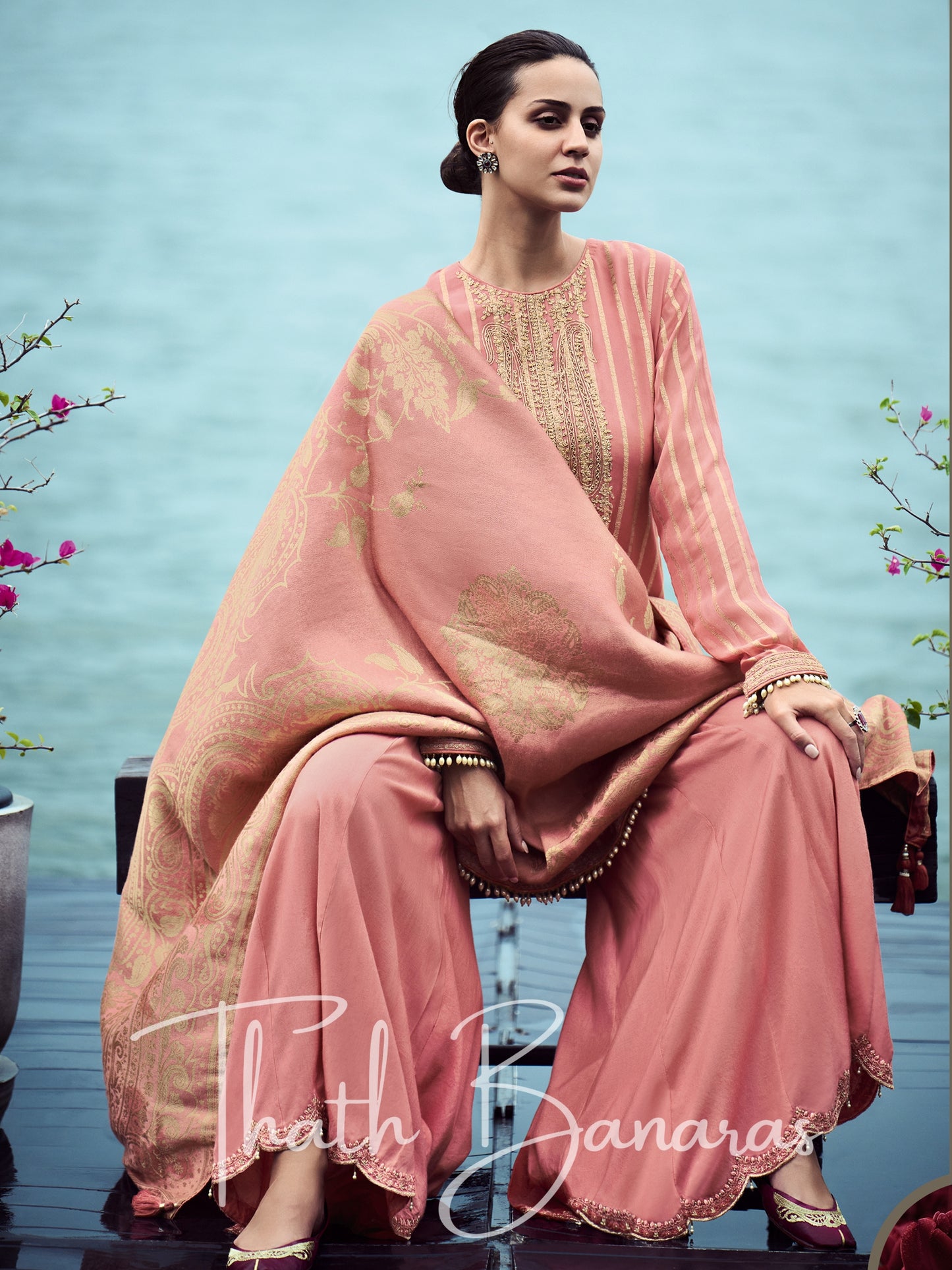 Rust Pink Woven Georgette & Cotton Silk Rhapsody Salwar Suit with Banarasi Tissue Dupatta