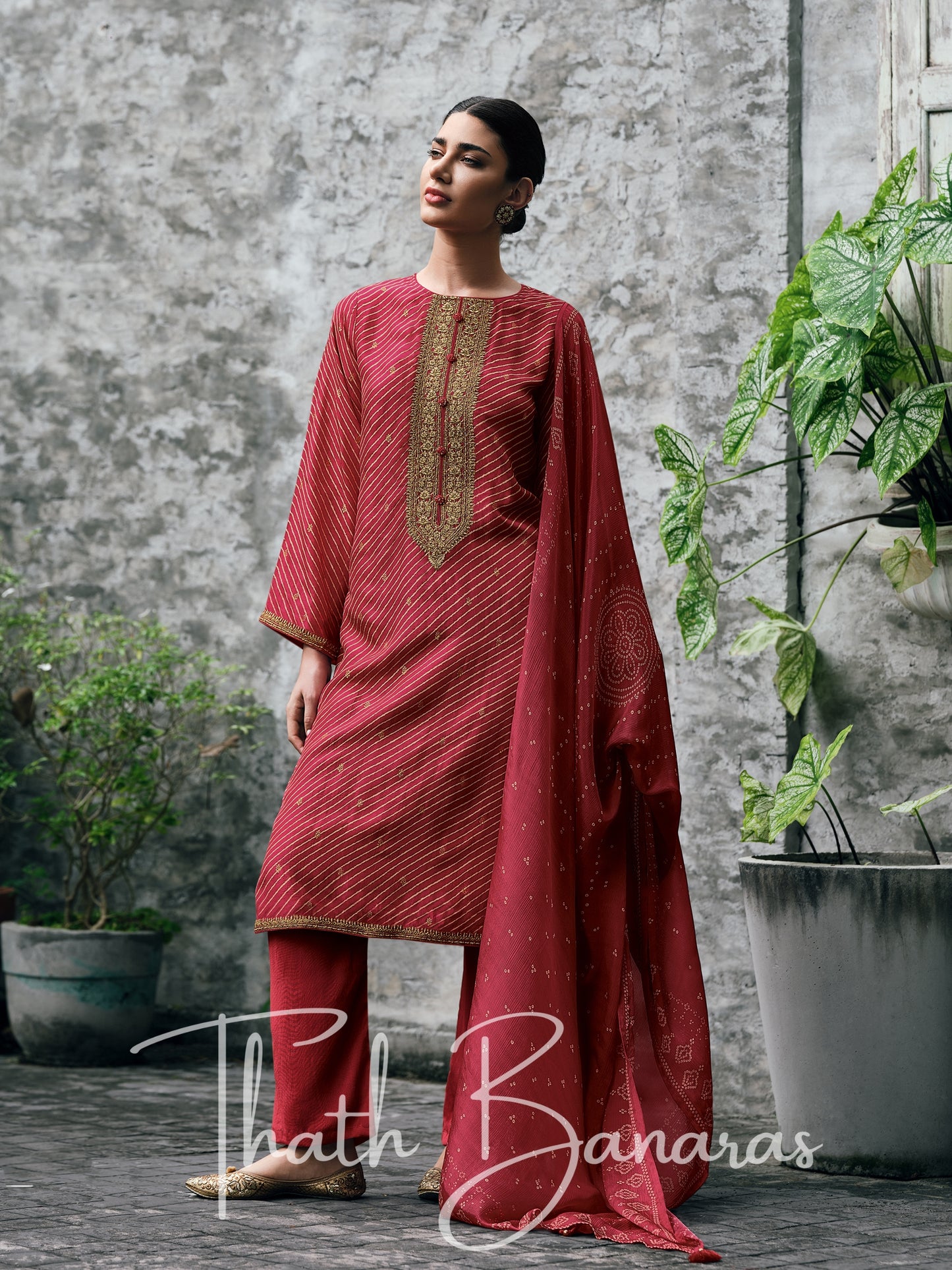 Maroon Red Viscose Silk Rhapsody Salwar Suit with Lehriya Print & Embroidery, Cotton Silk & Digitally Printed Dupatta