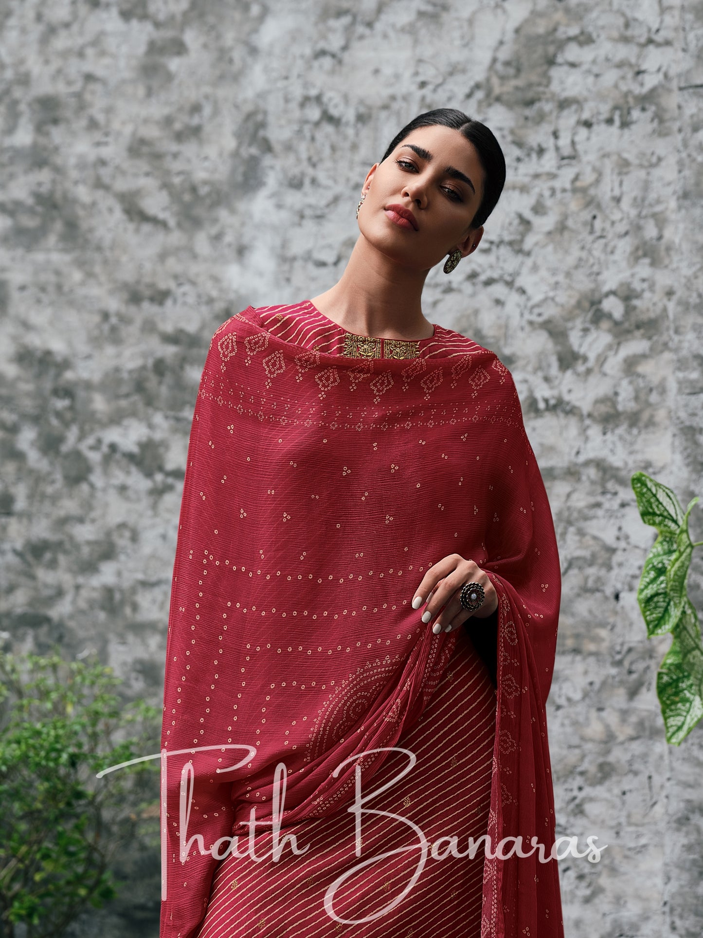 Maroon Red Viscose Silk Rhapsody Salwar Suit with Lehriya Print & Embroidery, Cotton Silk & Digitally Printed Dupatta