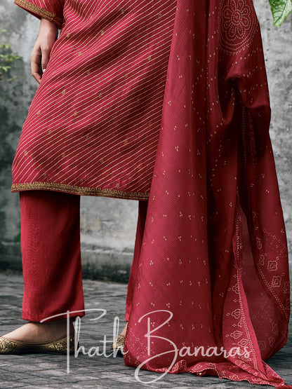 Maroon Red Viscose Silk Rhapsody Salwar Suit with Lehriya Print & Embroidery, Cotton Silk & Digitally Printed Dupatta