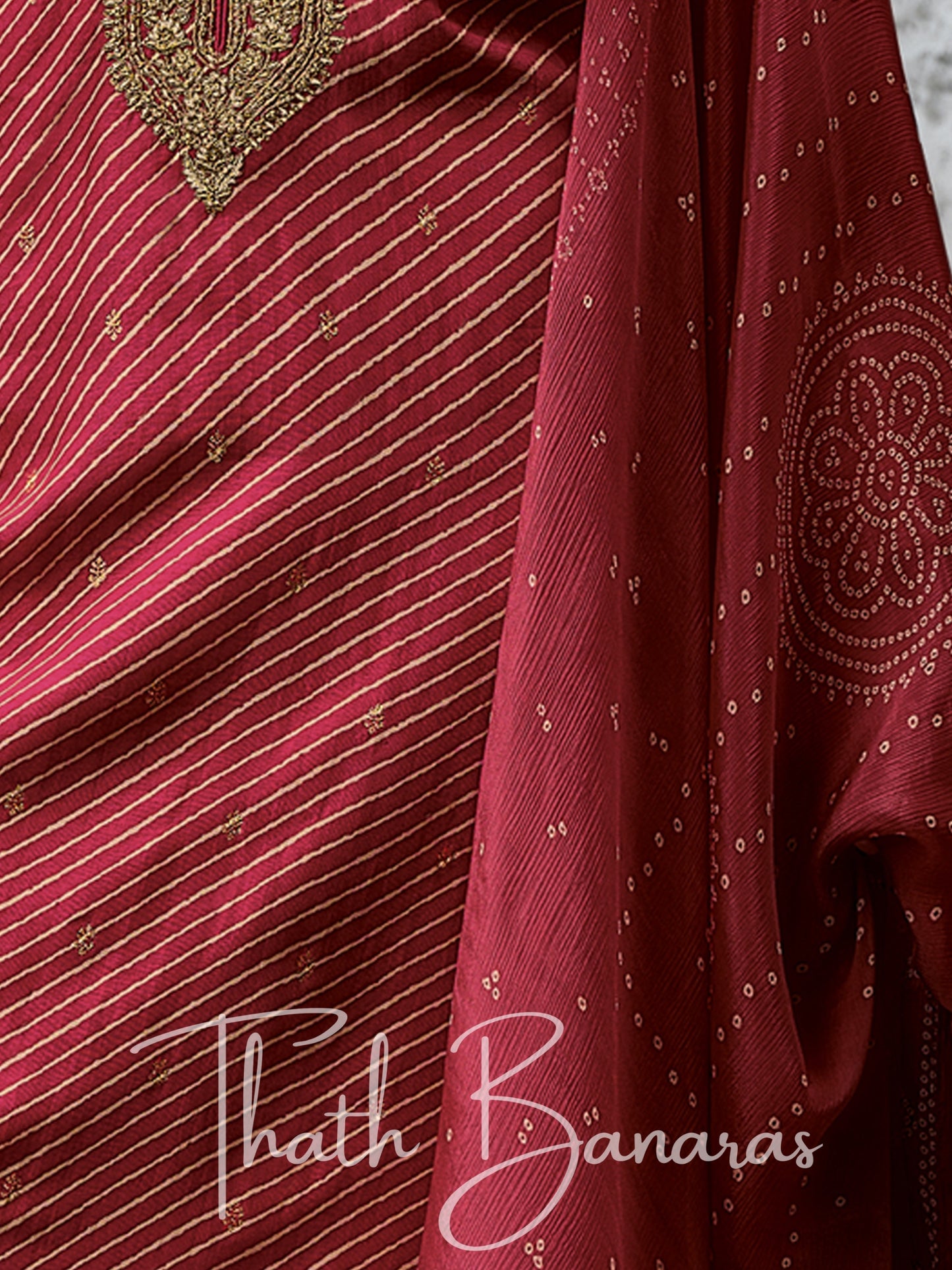 Maroon Red Viscose Silk Rhapsody Salwar Suit with Lehriya Print & Embroidery, Cotton Silk & Digitally Printed Dupatta