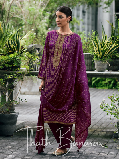 Purple Color Viscose Silk Rhapsody Salwar Suit with Lehriya Print & Embroidery, Cotton Silk & Digitally Printed Dupatta