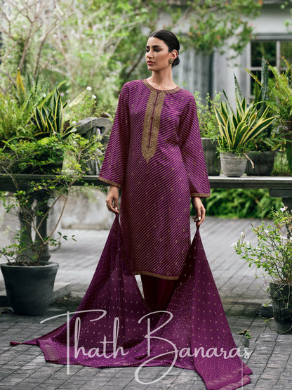 Purple Color Viscose Silk Rhapsody Salwar Suit with Lehriya Print & Embroidery, Cotton Silk & Digitally Printed Dupatta