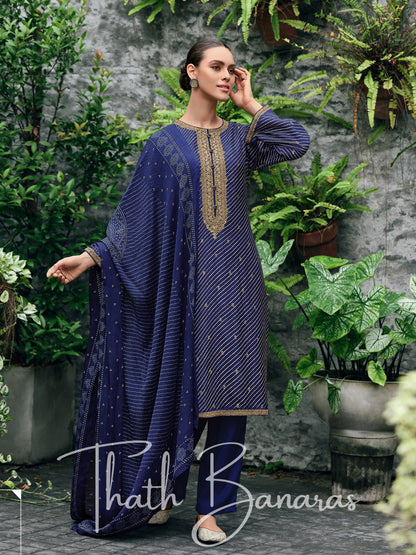 Navy Blue Viscose Silk Rhapsody Salwar Suit with Lehriya Print & Embroidery, Cotton Silk & Digitally Printed Dupatta