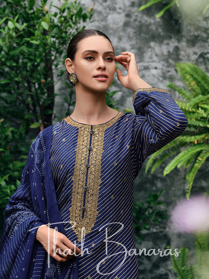 Navy Blue Viscose Silk Rhapsody Salwar Suit with Lehriya Print & Embroidery, Cotton Silk & Digitally Printed Dupatta