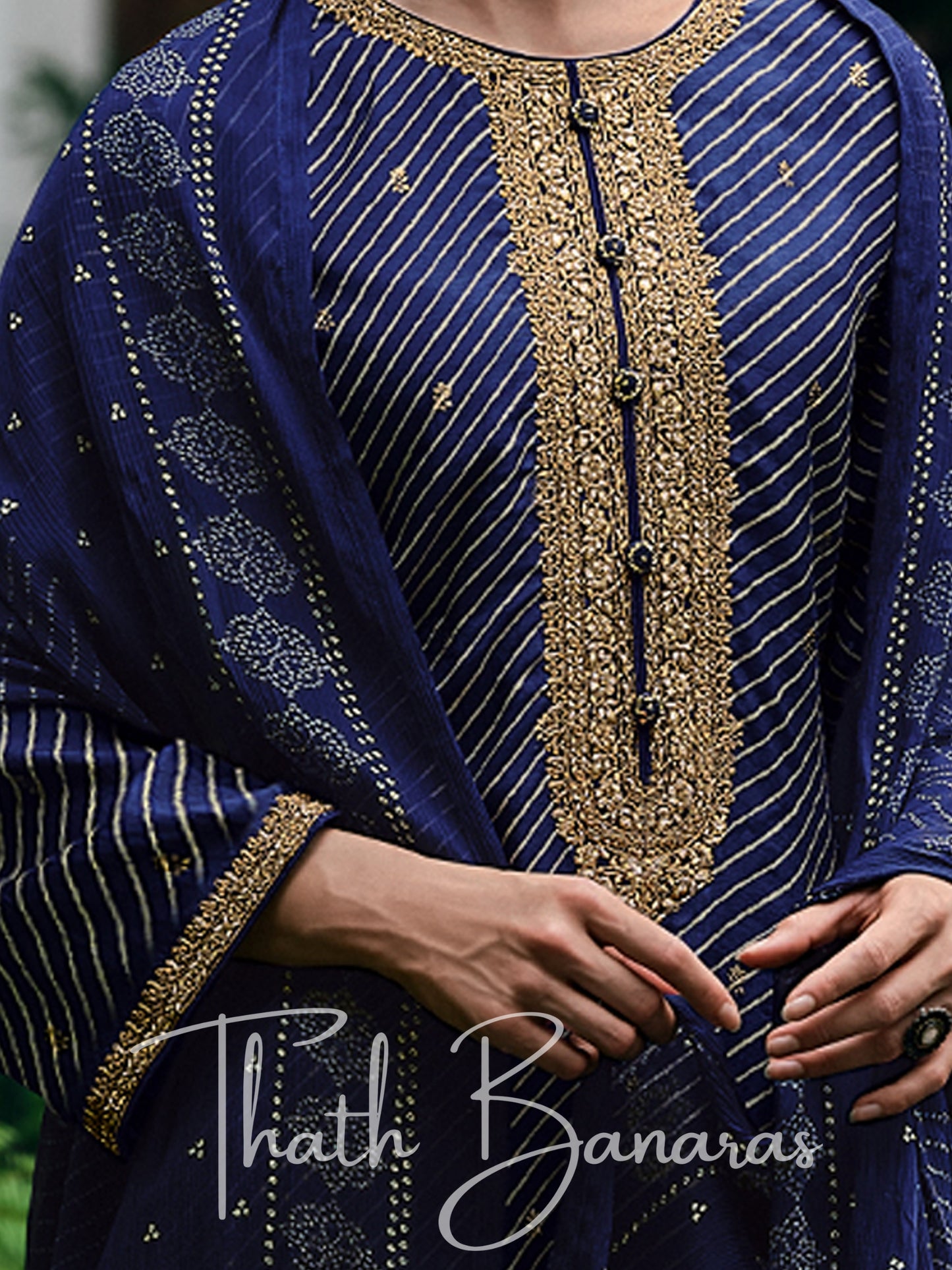 Navy Blue Viscose Silk Rhapsody Salwar Suit with Lehriya Print & Embroidery, Cotton Silk & Digitally Printed Dupatta