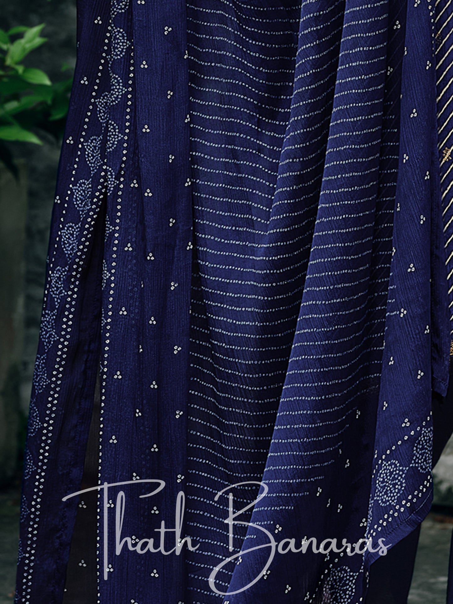 Navy Blue Viscose Silk Rhapsody Salwar Suit with Lehriya Print & Embroidery, Cotton Silk & Digitally Printed Dupatta